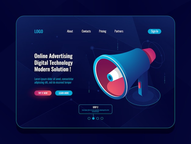 Smart advertising online concept, Loudspeaker Megaphone isometric icon, promotion social media dark 