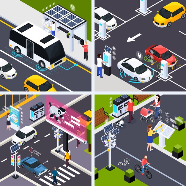 Smart city concept set with transport cars, isometric isolated vector illustration