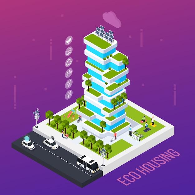 Free Vector smart city concept with eco housing technology , isometric vector illustration