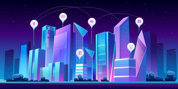 Smart city and infographic icons at night