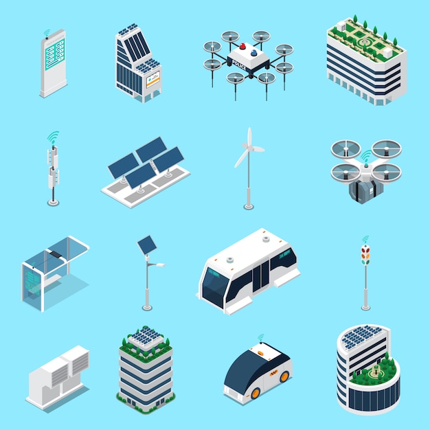 Free vector smart city isometric icons set with transport and solar power symbols isolated illustration