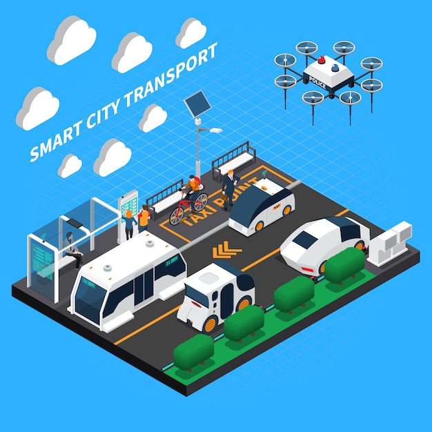 Free Vector smart city isometric illustration with transport and taxi point symbols