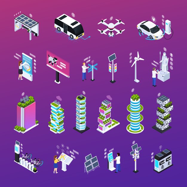 Smart city set with technology, isometric icons isolated vector illustration