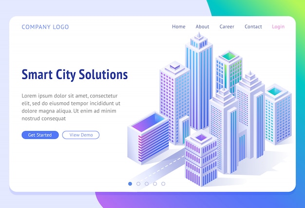 Smart city solutions banner. Isometric futuristic town with skyscrapers,