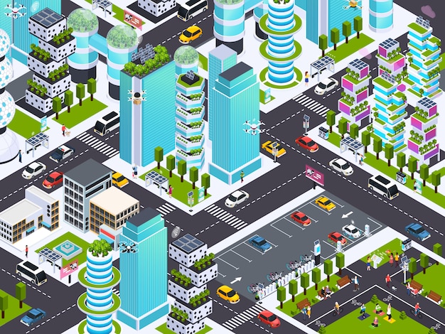 Smart city with modern technology, isometric vector illustration