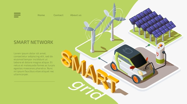 Free Vector smart grid concept. isometric wind turbines and solar panels connected to electric car with charging station. alternative energy source. template landing page for website.