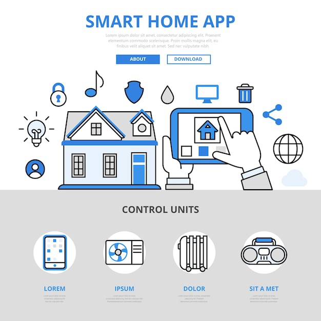 Smart home app mobile application manage sensor light temperature heating water concept flat line style.