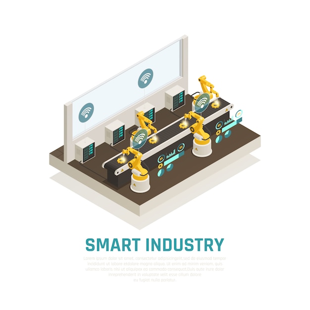 Free Vector smart indusrty composition with conveyor technology symbols isometric  illustration