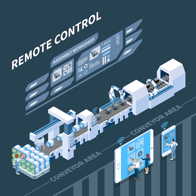 Free Vector smart industry isometric composition with remote control of conveyor system on dark