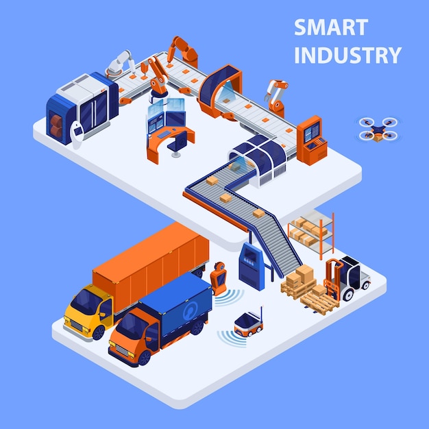 Free Vector smart industry isometric concept with technology and manufacture symbols vector illustration