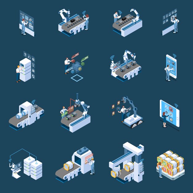 Smart industry with robotized manufacturing remote control and  production data center isometric icons isolated