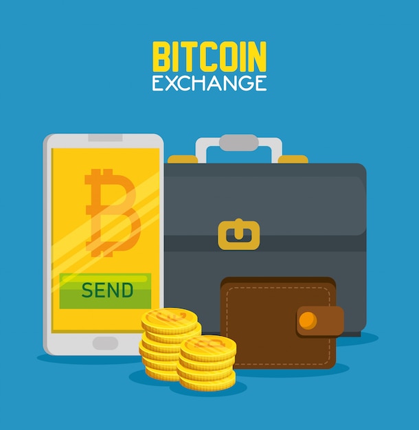 Free vector smartphone with bitcoin currency and briefcase with wallet