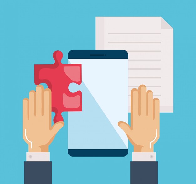 Smartphone with puzzle, document and hands