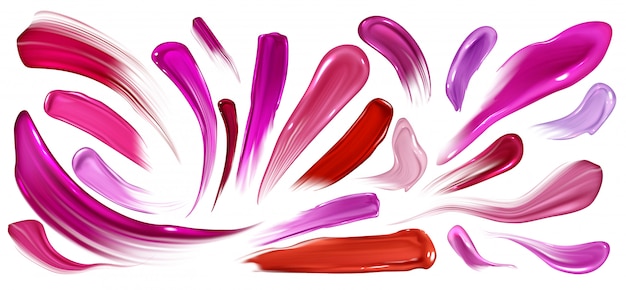 Smears of lipstick, nail polish or paint, brush strokes set isolated on white. 