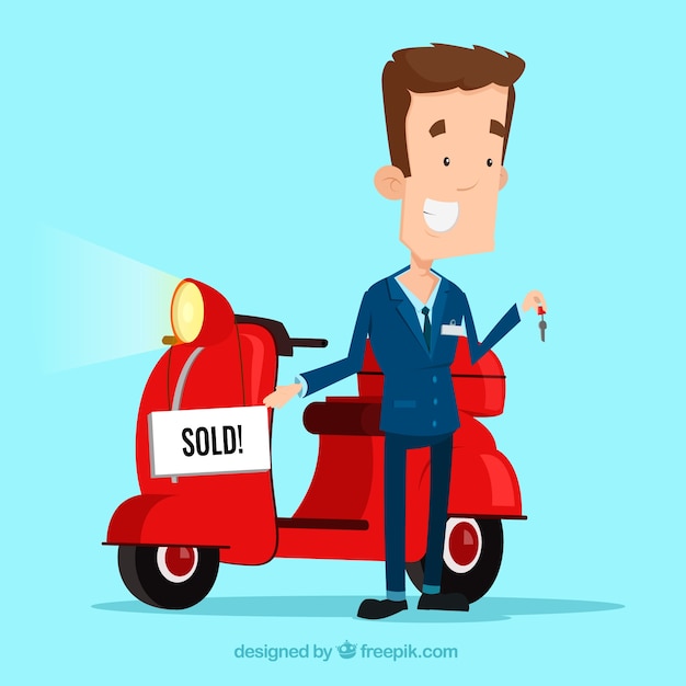 Smiley salesman with flat motorbike