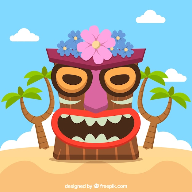 Smiley tiki mask with floral crown