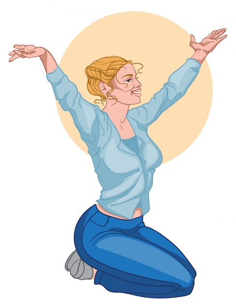 Free Vector smiling blonde woman in blue shirt and jeans stretching hands and meditating