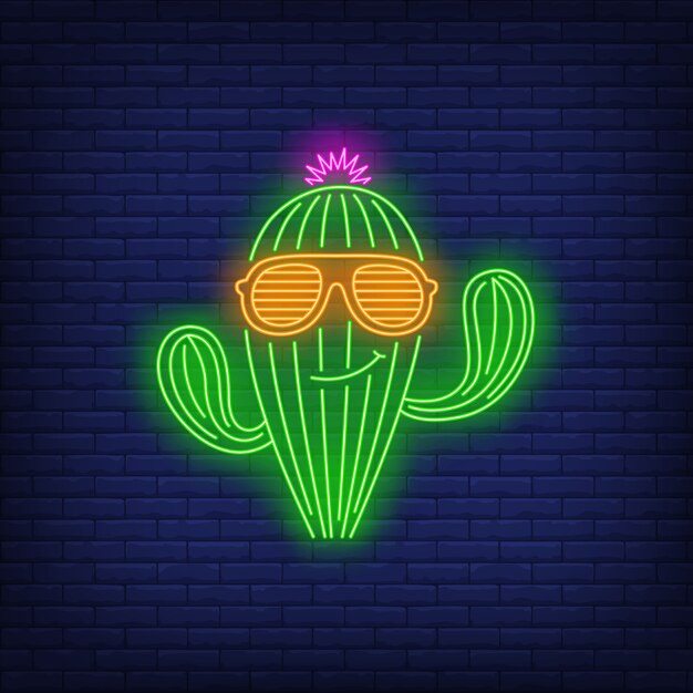 Smiling cactus character wearing sunglasses neon sign