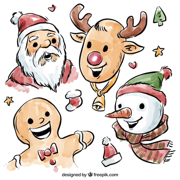 Free Vector smiling christmas characters in watercolor style