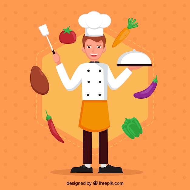 Free Vector smiling cook with tray and variety of ingredients