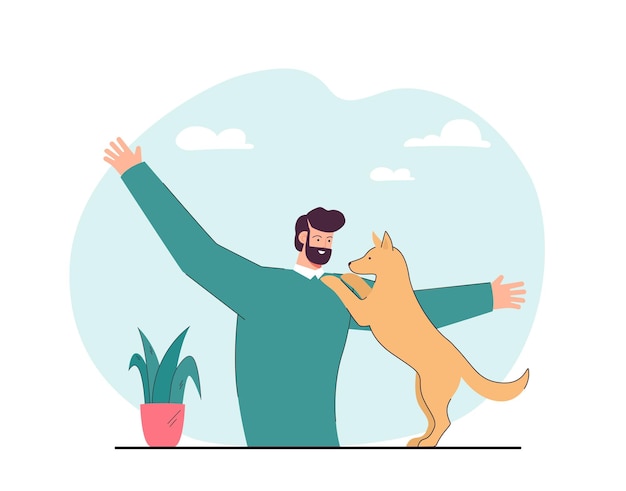 Smiling dog owner playing with cute puppy. Adorable pet hugging man flat vector illustration. Domestic animals, love, care concept for banner, website design or landing web page