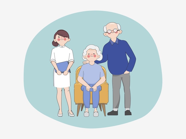 Free Vector smiling female nurse with happy elderly woman patient in nursing home hand drawn doodle cartoon