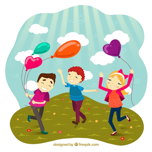 Free Vector smiling friends playing with balloons outdoors