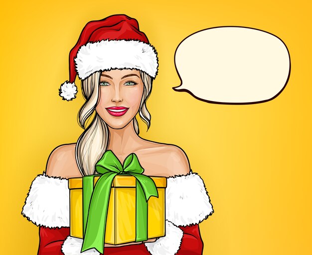 Smiling girl in christmas santa costume holding gift box with bow in hands in pop art style.