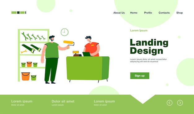 Smiling guy buying paint roller in tool store landing page in flat style