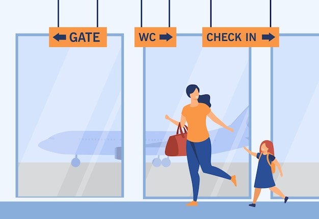 Free Vector smiling mother and girl running in airport. baggage, plane, gate flat illustration