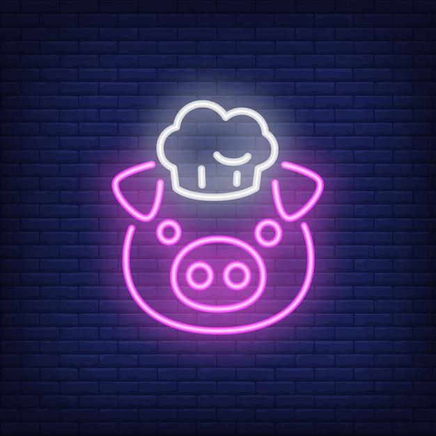 Smiling pig in chef hat. Neon sign element. Night bright advertisement.