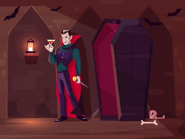 Free Vector smiling vampire, count dracula standing with glass of blood near opened coffin in dark dungeon