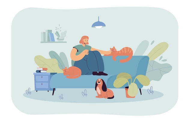 Free Vector smiling woman sitting on sofa and petting cat