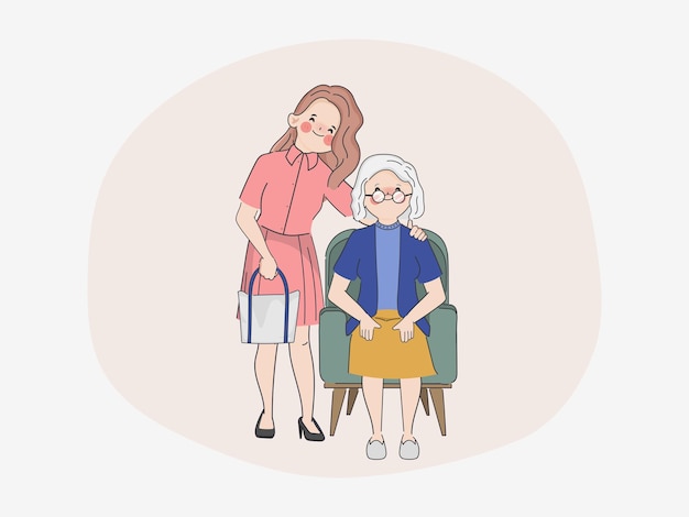 Smiling woman with happy elderly woman in nursing home Hand drawn doodle cartoon doctor character