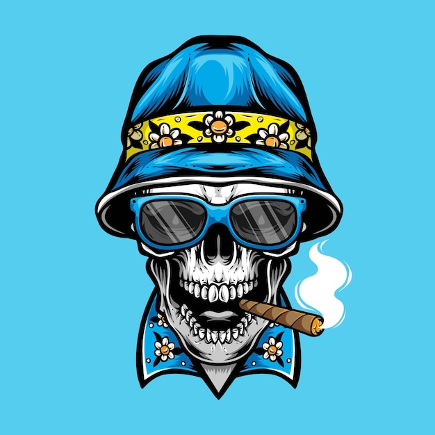 Smoking skull wearing bucket hat  