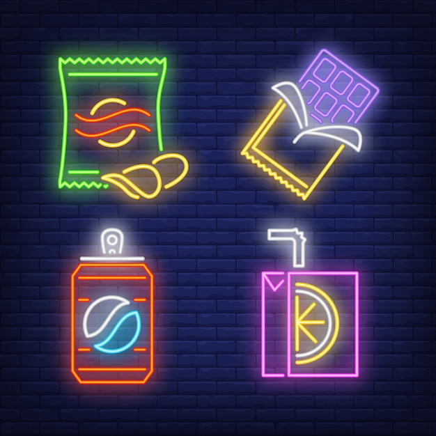 Free Vector snacks and drinks for vendor machine neon signs set