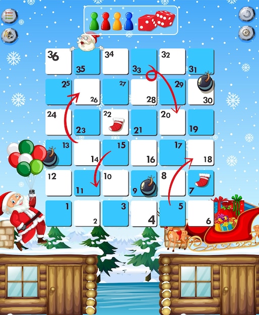 Snake and ladders game template in Christmas theme