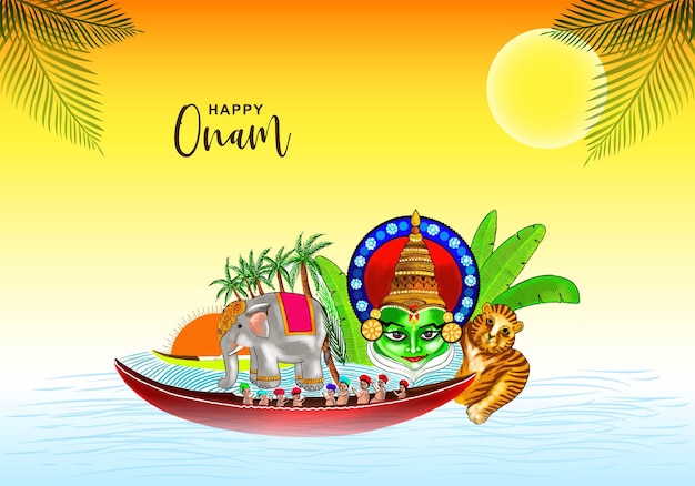 Free vector snakeboat race in onam celebration background for kathakali face background