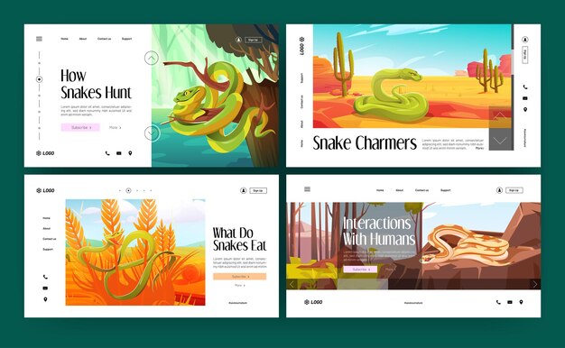 Snakes life in the wild cartoon landing pages set