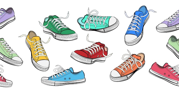 Sneakers shoes horizontal seamless pattern.