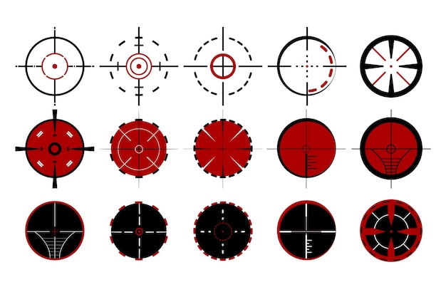 Sniper scores or crosshair cartoon illustration set. Gun or pistol sight, rifle scope on white background. Weapon, hunting, accuracy, target, aiming, eyesight, shoot concept