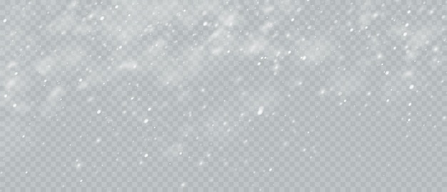 Snow Blizzard realistic overlay background. Snowflakes flying in the sky isolated on transparent background. Background for Christmas design. Vector illustration EPS10