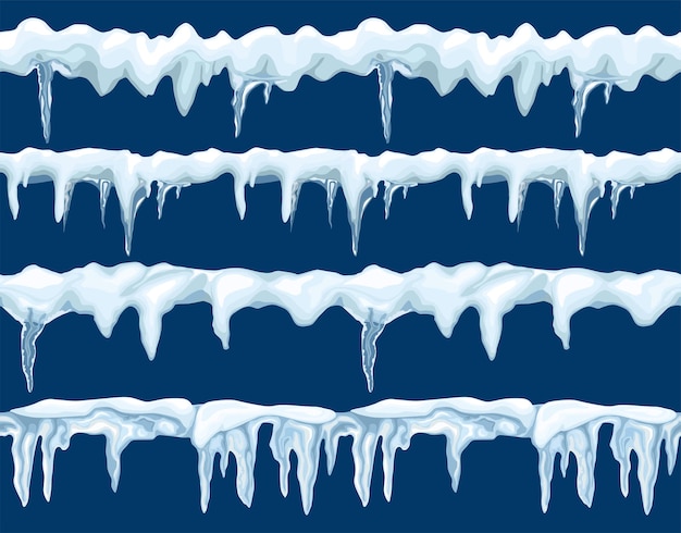 Snow borders seamless pattern with ornate hanging icicles at blue background flat illustration