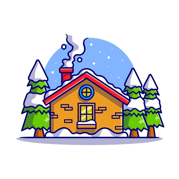 Snow Cabin in Winter Cartoon Vector Icon Illustration. Building Holidays Icon Concept Isolated Premium Vector. Flat Cartoon Style