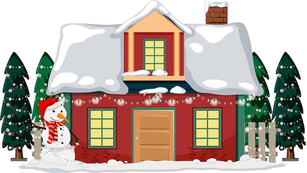 Free vector snow covered house with christmas light string and snowman