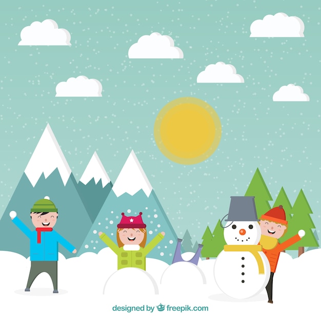 Free Vector snow landscape background with children playing in flat design