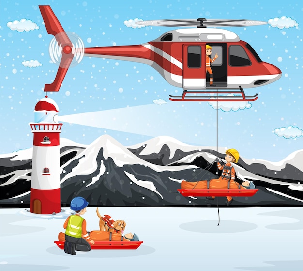 Free Vector snow mountain scene with firerman rescue in cartoon style