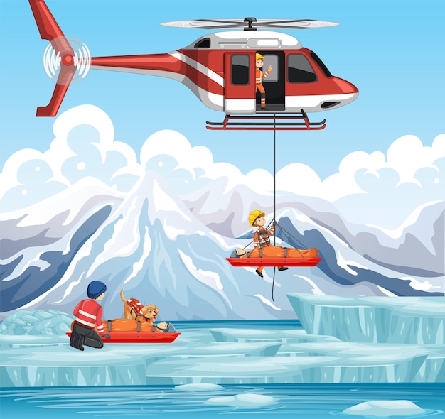 Free Vector snow mountain scene with firerman rescue in cartoon style