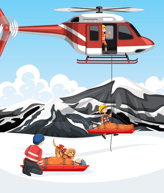 Free Vector snow scene with firerman rescue in cartoon style