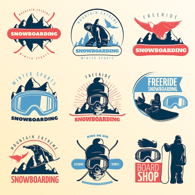 Free vector snowboarding emblem set in color with mountain extreme winter sports freeride and board shop descriptions vector illustration